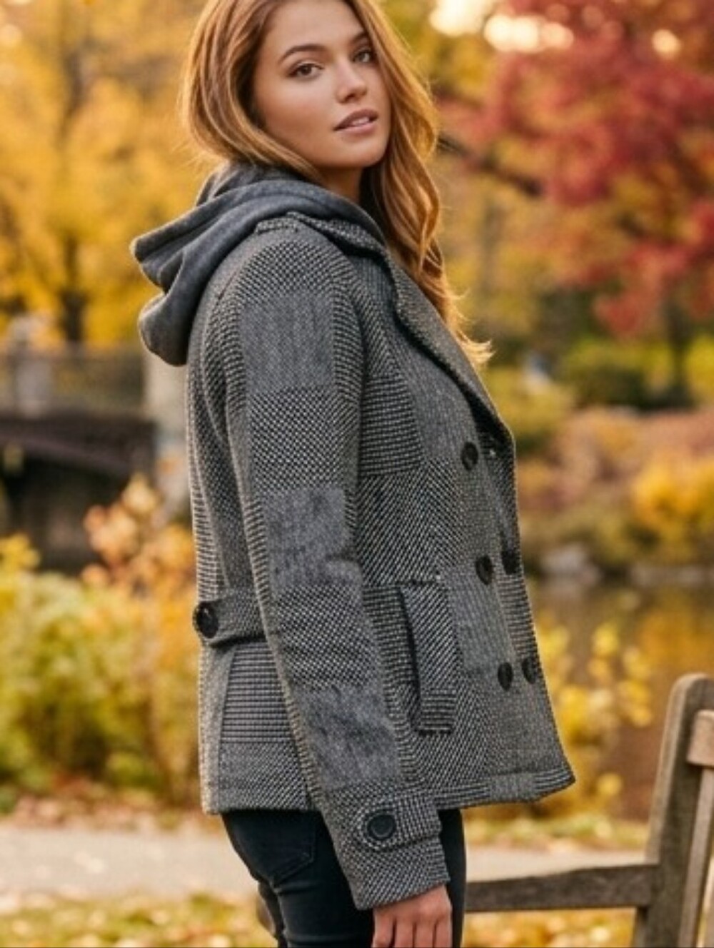 Billabong Plaid Hooded Peacoat Jacket